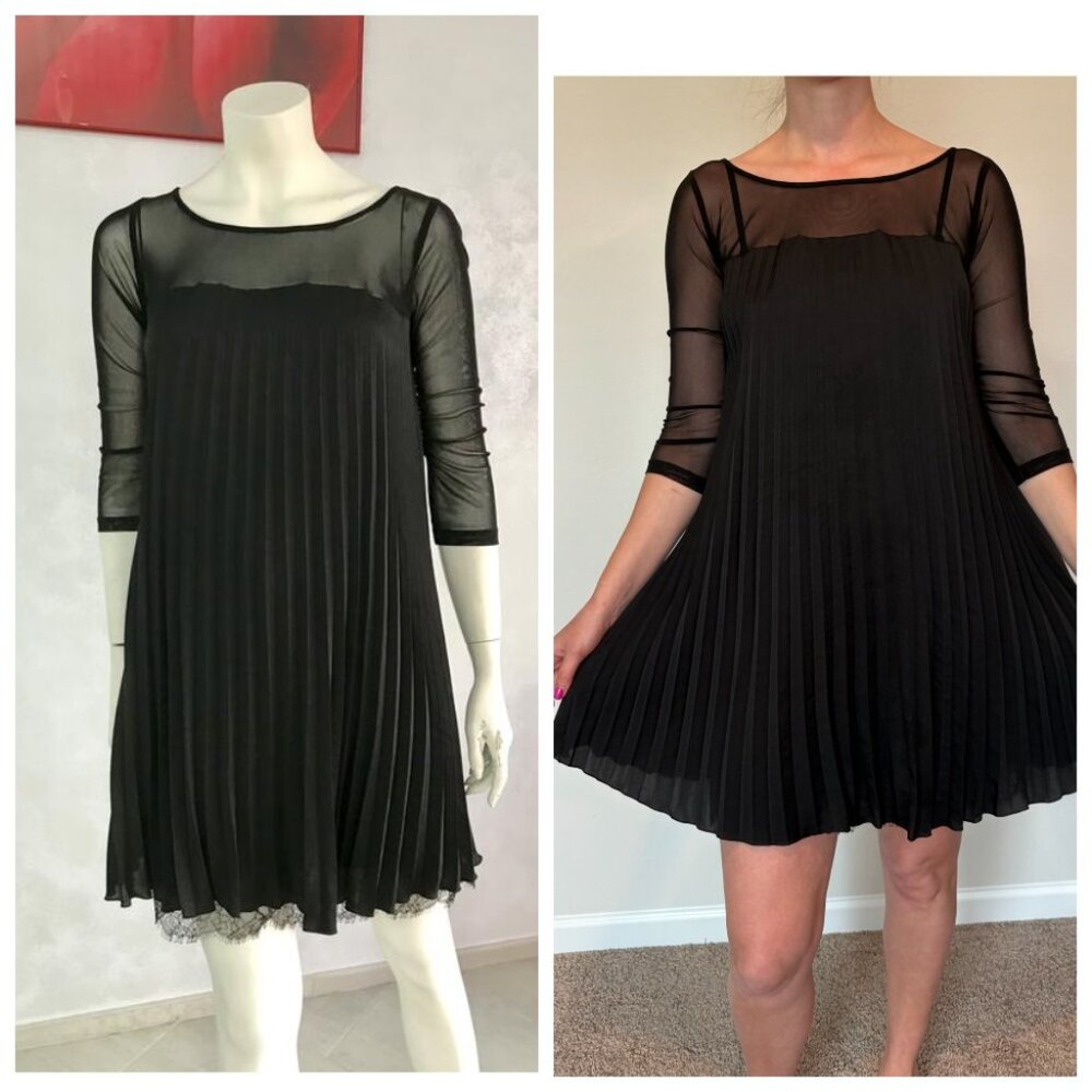Patrizia Pepe Italy Black Pleated Sheer Top Lace Hem Dress IT 40 Fits XS S